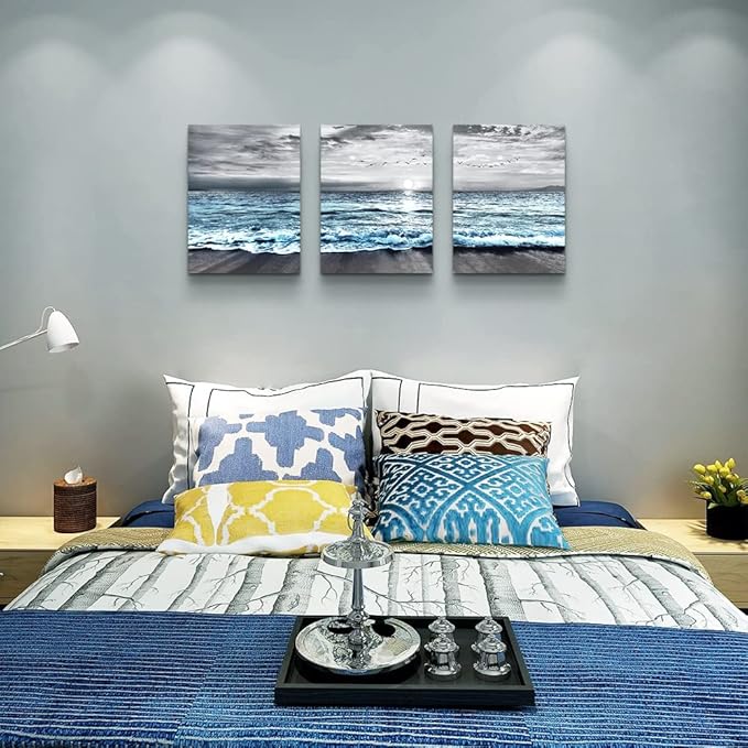Framed Canvas Wall Art - 3 Piece Set: Black & White Blue Ocean Sea Wave Pictures - Modern Beach Posters for Living Room, Bedroom & Office Wall Decor