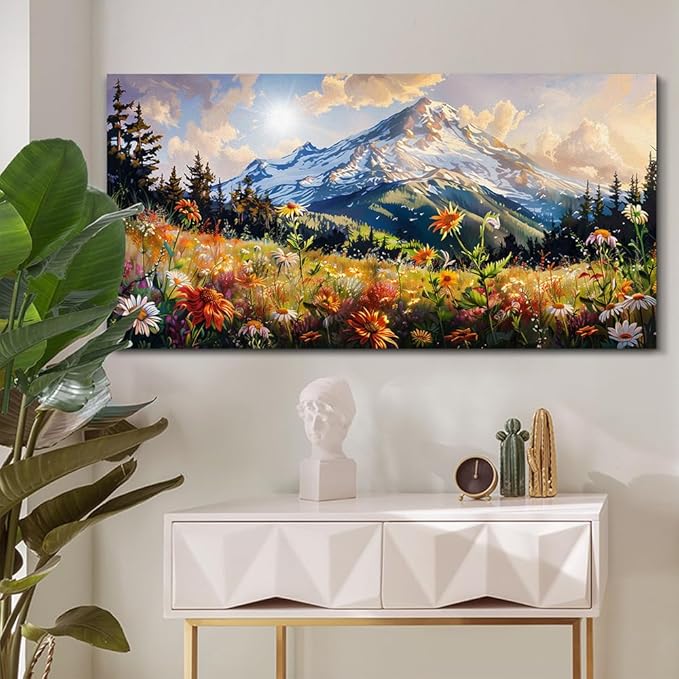 FUHAIHUA Canvas Wall Art For Living Room Large Framed Wall Decor For Office Modern Bedroom Decorations Mountain Flower Landscape Pictures Farmhouse Paintings Artwork Aesthetic Home Decor 30x60 In