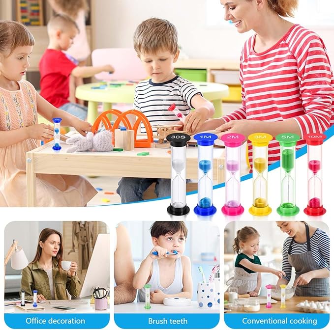 Sand Timer, KISEER 6 Pcs Colorful Hourglass Sandglass Sand Clock Timers Set 30sec / 1min / 2mins / 3mins / 5mins / 10mins for Brushing Children's Teeth, Cooking, Game, School, Office