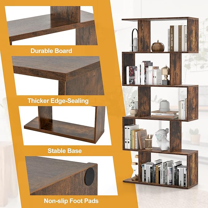 Tangkula 5-Tier Geometric Bookshelf, S Shaped Bookcase w/Anti-Toppling Device, Freestanding Room Divider, Industrial Wood Open Display Shelf for Living Room Home Office (1, Rustic Brown)
