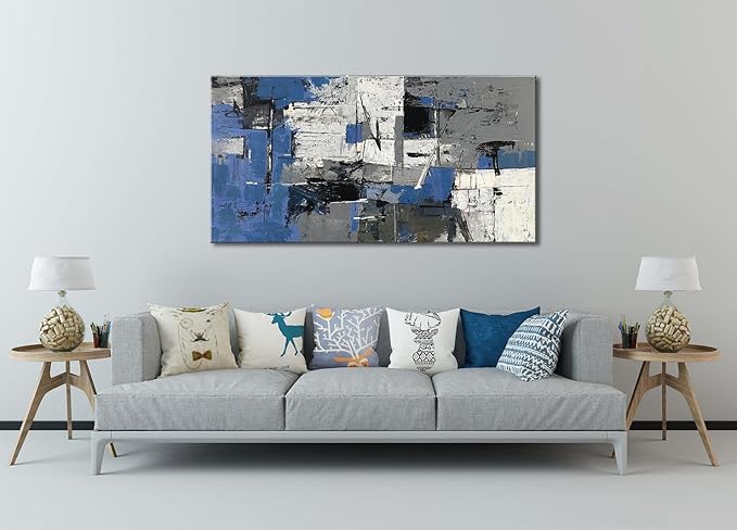 Blue Abstract Wall Art - Large Canvas Wall Art in Navy Blue and Black, Modern Gray Artwork for Living Room, Bedroom, and Office Decorations for Work - Modern Textured Wall Decor and Pictures 29" x 58"