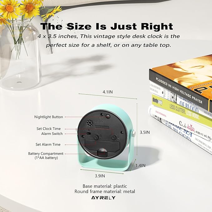 AYRELY® 3.5 Inch Small Analog Alarm Clocks,Battery Operated Desk Clock,Cute Table Clock with Light,Adjustable Angle for Travel,Bedside,Bedroom,Kids,Living Room Decor(Light Blue)