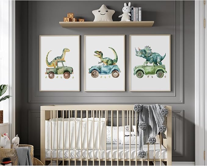Dinosaur Nursery Wall Art Kids Canvas Poster Baby Boy Nursery Wall Decor Green Dino Pictures Toddler Prints Cartoon Dino Car Painting Boys Room Artwork for Bedroom Bathroom 16x24x3 Inch Unframed