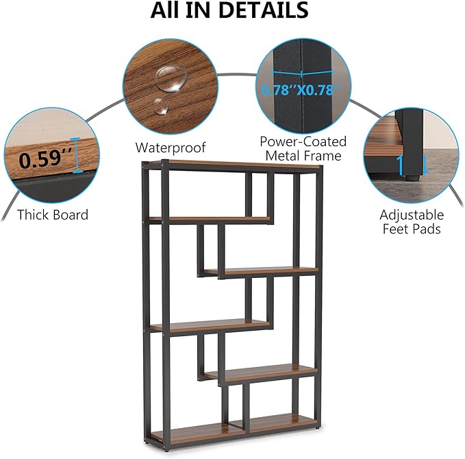 Tribesigns Way to Origin 6-Shelf Industrial Bookshelf, Vintage Etagere Bookcase, 69 Inch Tall Storage Display Staggered Shelves with Sturdy Metal Frame for Home Office, Dark Walnut & Black