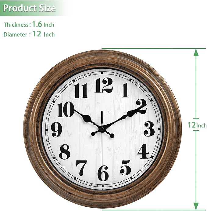 45MinST 12 Inches Retro Wall Clock, Silent Non Ticking Battery Operated Movement, Decor for Home/Wall Decor, Easy to Read, Decorate for Bedroom Living Room Office(Bronze)