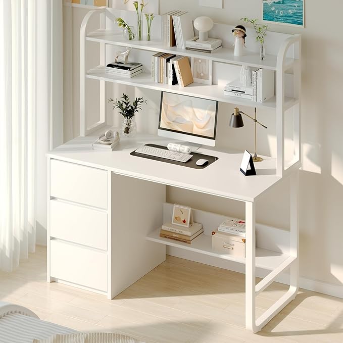 White Desk with Hutch, 47 Inch Computer Desk with 3 Drawers for Bedroom, Study Writing Desk with Shelves for Small Spaces, Adjustable Feet