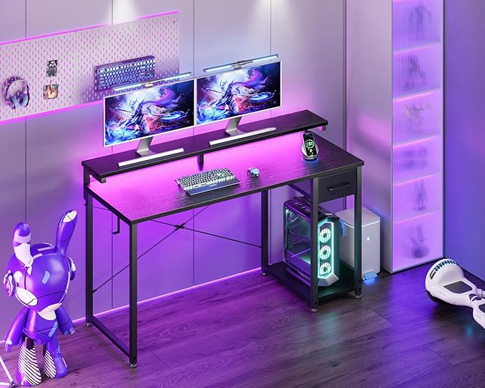 AODK Gaming Desk with LED Lights, 55 Inch Computer Desk with Drawers, Reversible Small Desk with Monitor Stand & Headphone Hook for Home Office, Black
