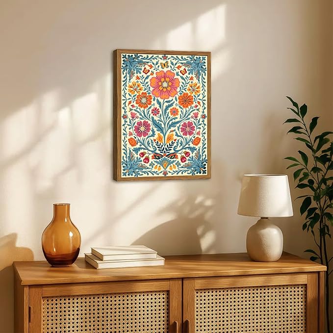 Framed Vintage Mexican Floral Canvas Wall Art, Colorful Folk Flower Wall Decor Pictures, Boho Botanical Painting Prints Rustic Home Decor for Living Room Bedroom 16x24 inch