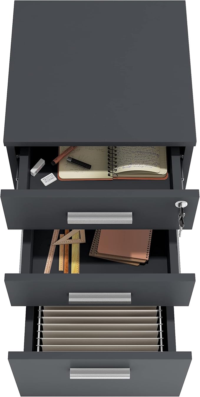 Modern Design Lazio Black File Cabinet, Filing Cabinets for Home Office, Drawers for Under Desk, Locking 3 Drawer Rolling Wood File Cabinet with Lock, by Crafts and Comfort