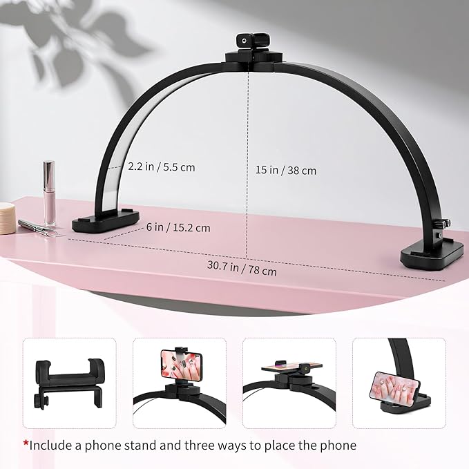 Foldable Half Moon Light for Nail Desk, 31in 45W Nail Desk Lamp with Phone Holder, Half Moon Table Lamp with Stepless Color Temperature Dimmable for Manicure (Black)