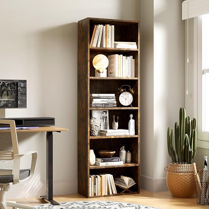 MXV Bookshelf, 6-Tier Open Bookcase, Storage Shelves, Display Storage Shelves, Floor Standing Unit, Home Decor, Furniture for Home Office, Living Room, Bedroom, Brown