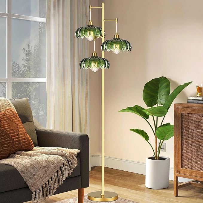 Glass Floor Lamp for Living Room,Bedroom,Gold Mid Century Modern Standing Lamp Brass Tree 3 Light Tall Floor Lamps Vintage Retro Floor Lights Green Flower Lamp Shade Farmhouse Boho Bohemian