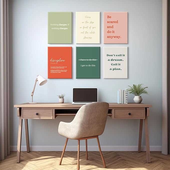 Office Wall Art Motivational Posters Inspirational Quote Canvas Wall Decor Office Positive Pictures Inspirational Classroom Art Motivational Work Prints for Gym Home 12x16 Inch Wrapped Canvas Set of 6