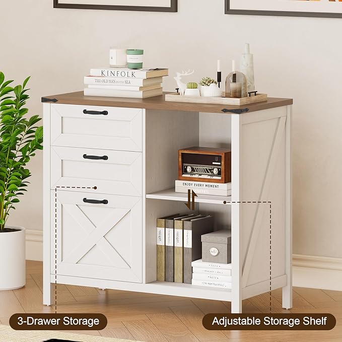 Farmhouse Lateral Filing Cabinet with 3 Drawers and Open Shelf, Lateral File Cabinet with with File Drawer for Letter/A4 Hanging File, Large Printer Stand for Home Office, Living Room, Rustic White