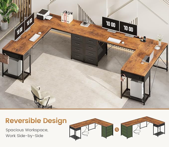 57" L Shaped Desk with 5 Drawers, Reversible Computer Corner Desk with Storage & Power Strip for Home Office, 78.7" Long 2 Person Desk, Rustic Brown