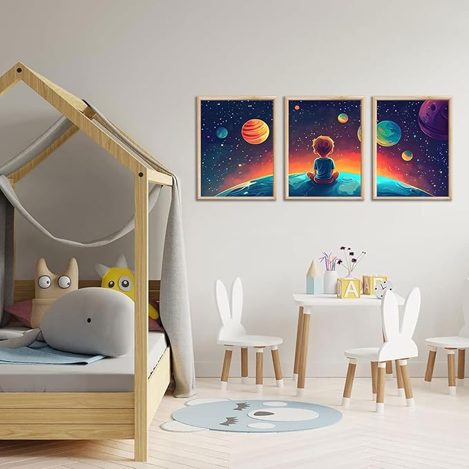 3Pcs Space Boy Wall Art Cute Inspirational Canvas Painting Space Fantasy Wall decor pictures with Planet Pattern posters Prints for Child’s Bedroom Office and Home Decoration Unframed 16x24in posters