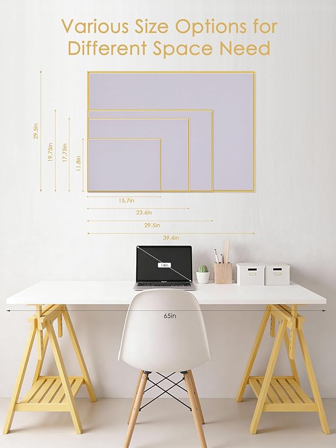 Bulletin Board 40 x 30 inches, Light Lavender Pin Board, Golden Aluminum Framed Fabric Cork Board with 10 Push Pins
