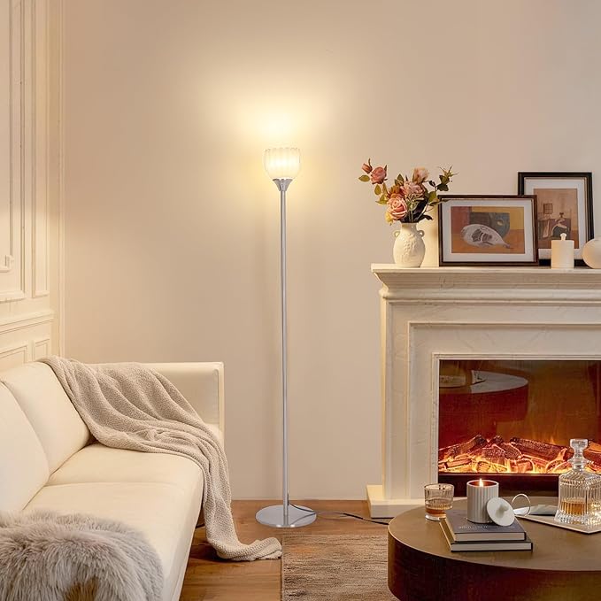 Floor Lamps for Living Room, Bedroom, Nickel Standing Lamp with 12W Bulb, Vintage Floor Lamp for Reading, Nursery, Corner (White Tulip)