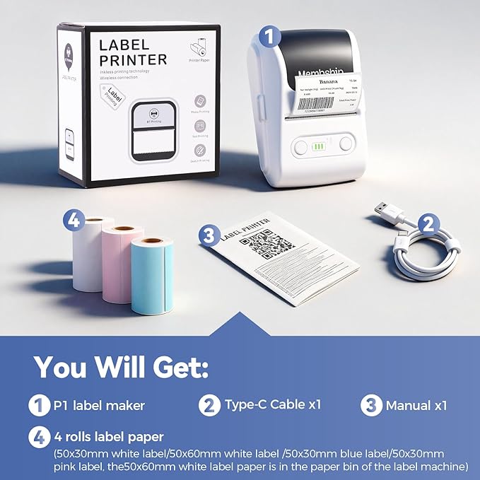 P1 Bluetooth Label Maker Machine with Tape,Portable Label Printer with 4 Rolls Labels((3 White, 1 Blue, 1 Pink), Inkless Labeler for Home, Kitchen, School, Office Organization