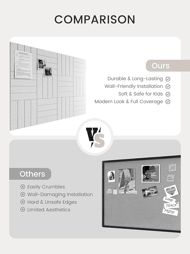 Bumusty Large Cork Board Alternative-48 x 36" Felt Bulletin Board Tiles, with 30 Pushpins, 70 Adhesive Tabs, 12-Pack Slat Wall Paneling, Cork Boards for Office Push Pin Board Felt Board-Light Gray