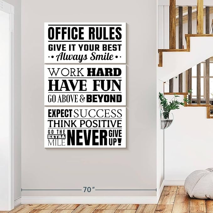 Elephant Stock - Fun Office Rules Wall Art - Vertical Multi Panel Canvas - 3 Piece Living Room Wall Decor - Digital Art Inspirational And Typography Multi Piece Wall Art - White And Black Decor - 48" x 74"