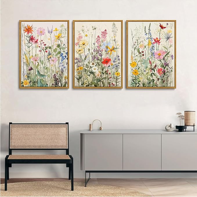 KISSFOX 3 Piece Watercolor Wildflower Botanical Framed Wall Art Colorful Floral Canvas Art Prints Boho Flower Pictures Wall Decor Modern Minimalism Paintings Artwork Girls Bedroom Living Room Bathroom