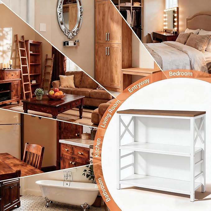 Book Shelf, Small 3-Tier Industrial Bookshelf with Strong Metal Frame & Backboard, 29.5" Short Bookcase for Small Spaces, Living Room, Bedroom and Home Office, White