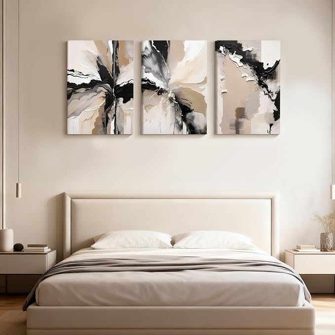 NCCXNCC 3 Pcs Abstract Canvas Wall Art in Black and Beige Modern Wall Decor Paintings Texture Posters Print Modern Geometric Pictures Artwork Suitable for Living Room Bedroom Home Office 16x24 inch