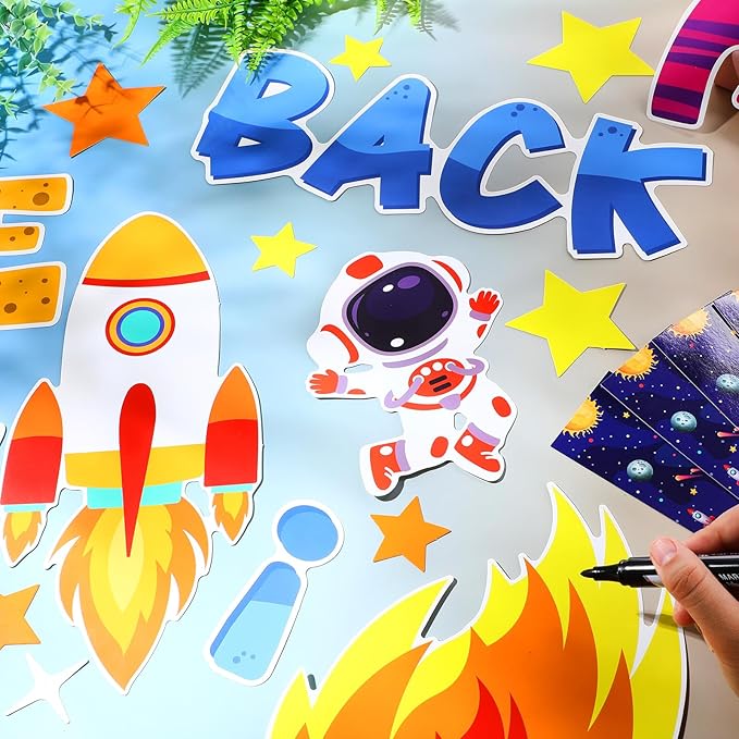Pajean Outer Space Bulletin Board Welcome Back to School Classroom Decor Space Bus Galaxy Planet Cutouts for Back to School First Day Window Door Wall Elementary Preschool Teacher Supplies