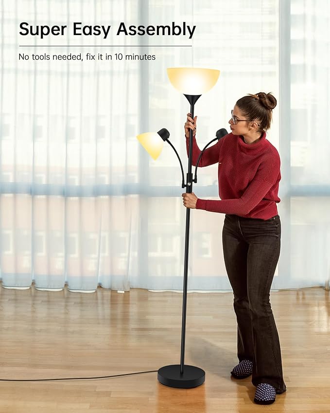 Floor Lamp, Torchiere Floor Lamps for Living Room, 71 Inch Tall Standing Lamp, Bedroom Lamps with Reading Light, Rotary Switch, 3 Plastic Lampshade, Torch Floor lamps for Bedroom (Black, No Bulb)