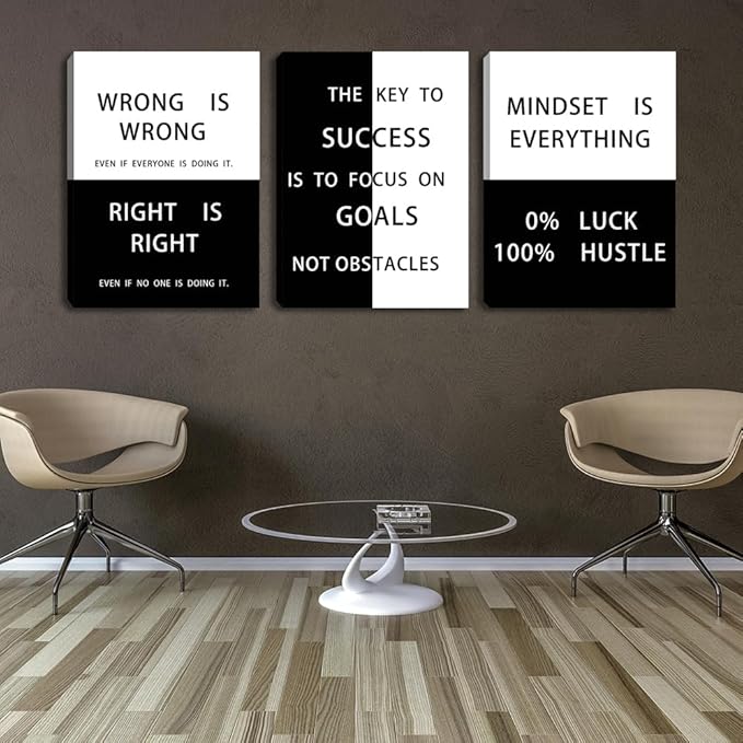 Mindset Wall Art 3 Pieces Inspirational Canvas Wall Art Success Posters Prints Black Motivational Quote Painting Picture for Office Workplace Home Bedroom Decor Framed(60" Wx28 H)