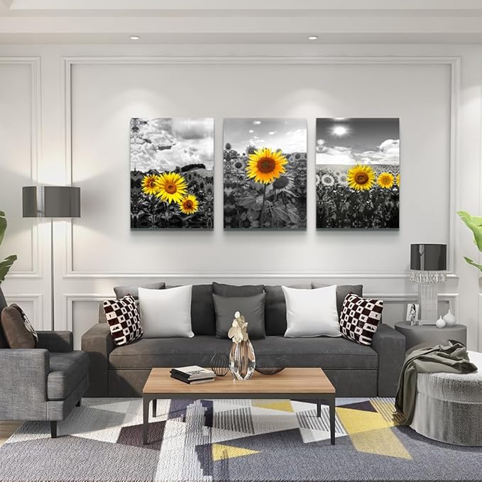 Lapremoly Large Canvas Wall Art For Living Room Decoration For Bedroom Black And White Sunflower Flowers Painting Framed Wall Decor For Kitchen Bathroom Modern Artwork Home Decor Pictures