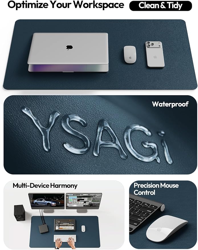 YSAGi Leather Desk Protector, Office Mat, Large Mouse Mat, Non-Slip PU Leather Blotter, Laptop Pad, Waterproof Writing Pad for Office and Home (Dark Blue, 31.5" x 15.8")