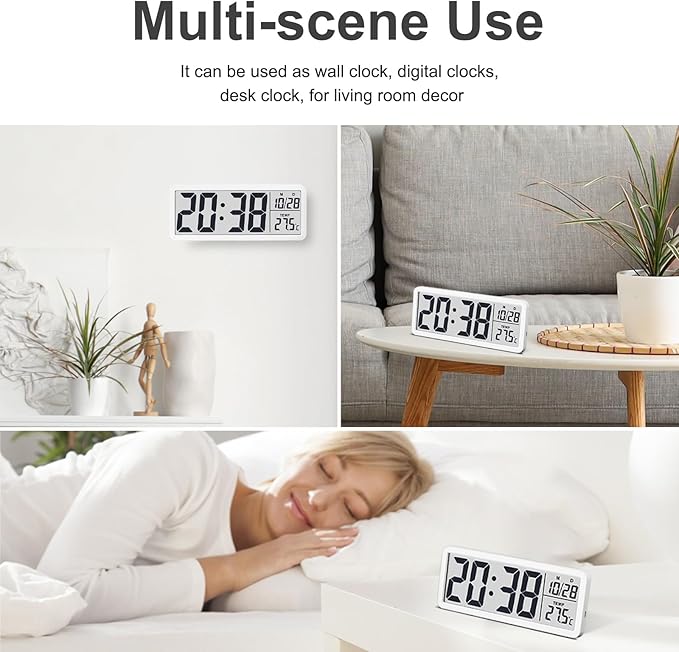 JoFomp LCD Digital Wall Clocks Battery Operated, 8.5" Modern Wall Clocks for Living Room Decor, Simple Digital Wall Clock with Temperature/Date/Time - 12/24H, Small Desk Clock for Bedroom Office