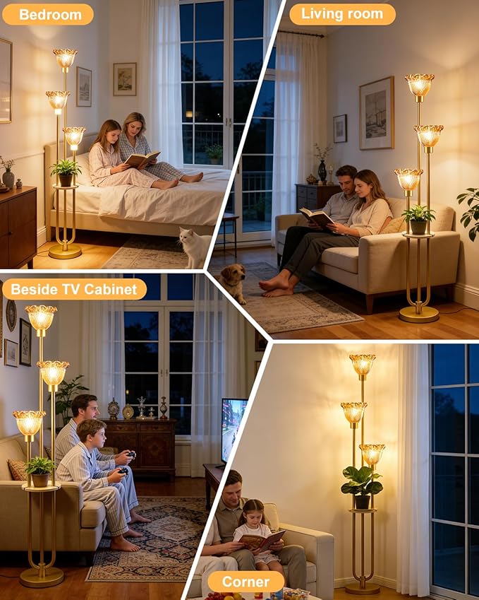 Lightdot Glass Floor Lamp for Living Room Gold with Amber Glass Shade & 3000K Bulbs Included 3-Lights Modern Tall Standing Lamp for Bedroom/Sofa Beside/Corner Decor