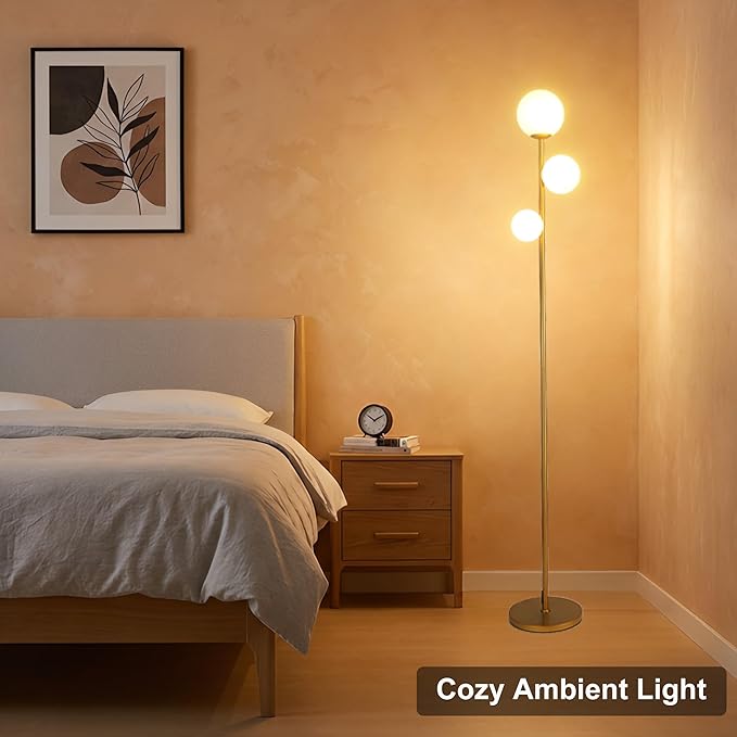 Fiqevs 3 Globe Floor Lamp Mid Century Modern, Gold Standing Lamp with Frosted Glass Shade & LED Bulbs, Tall Pole Light with Foot Switch for Living Room Bedroom Office - Antique Brass