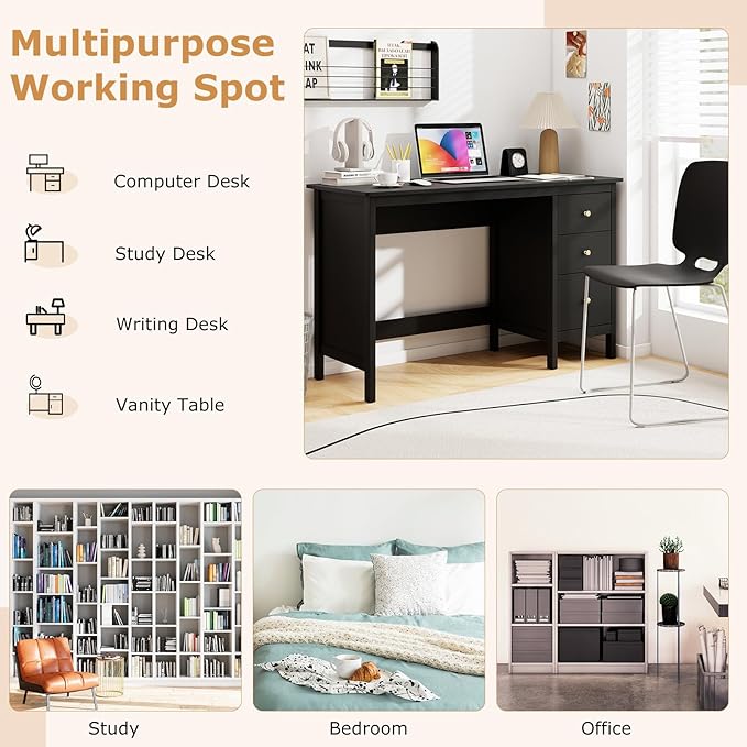 Tangkula Black Desk with Drawers, Modern Home Office Computer Desk with Storage Drawers & Spacious Desktop, Compact Writing Study Desk Laptop Desk for Bedroom, Multipurpose Computer Workstation
