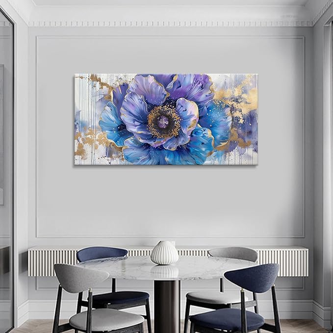 Blue Purple Flower Wall Art Colorful Watercolor Flower Bloom Canvas Painting Bedroom Wildflower Wall Art Home Decor Floral Picture Print Living Room Office Large Framed Artwork