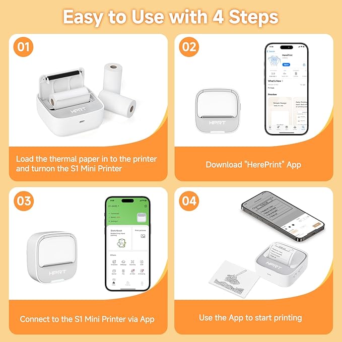 HPRT Sticker Printer, S1 Mini Portable Thermal Mini Inkless Label Printer with bluetooth Stable Connection & Clear Printing for Notes, Journal, Home, Office, Kids, DIY Free App with Multiple Templates