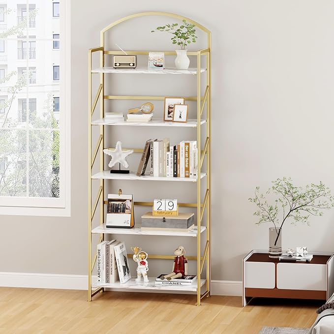 BHG Arched Bookshelf 5 Tier Shelf Storage Organizer Bookcase,No Assembly Folding Book Shelf for Living Room,Bedroom Home Office Rack Bookhelves