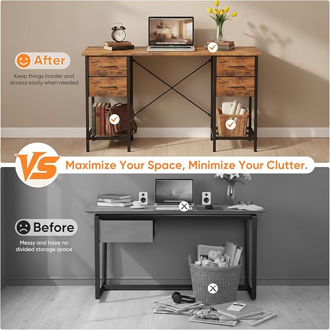 Sweetcrispy Computer Desk with Drawers, 47 Inch Home Office Bedroom Table with 4 Fabric Drawers & 2 Mesh Storage Shelves, Wood Table with X-Shaped Structure for Writing Study PC Desk, Brown