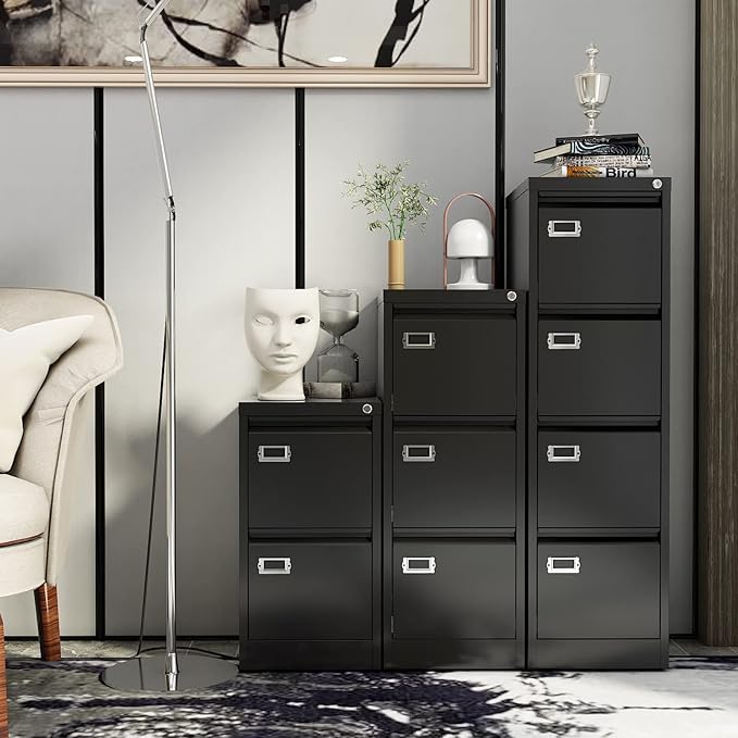 Yizosh 4 Drawer Black File Cabinet with Lock, Filing Cabinets for Home Office, Metal Locking Office File Storage Cabinets with Drawers, Vertical Small Filing Cabinet Organizer for Legal/A4