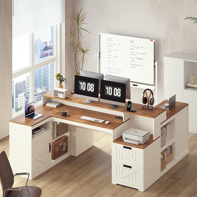 TVU Farmhouse L Shaped Desk with Drawers, 62.2" Home Office Desk with Storage Shelves and Power Outlet, L Shaped Computer Desk with Monitor Stand and Printer Shelf, Brown and White