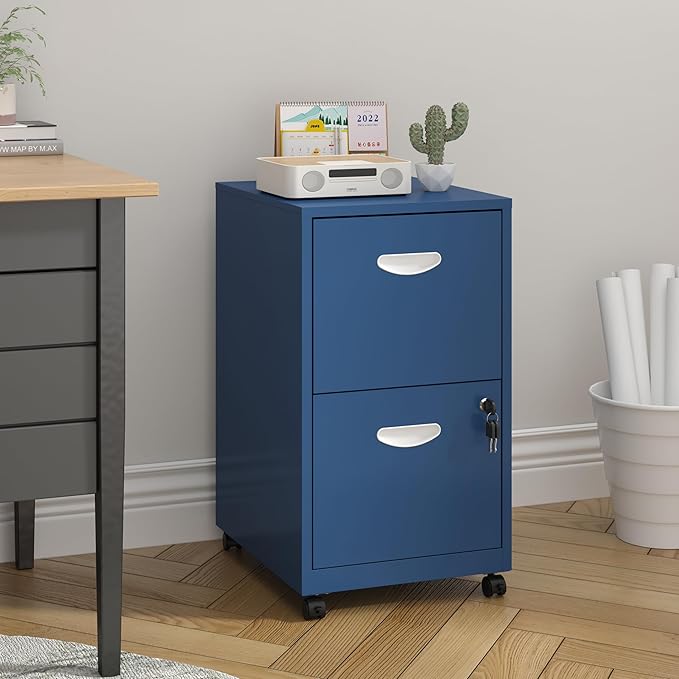 2 Drawer File Cabinet with Lock, Filing Cabinets with Wheels, Rolling File Cabinets for Home Office, Metal Office File Cabinet, Mobile Filing Cabinet for Holding Letters and File Boxes, Blue