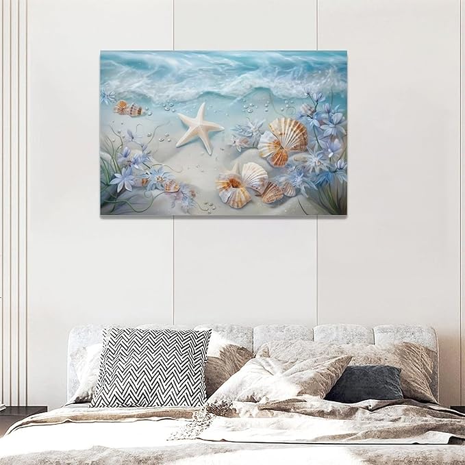 yerretin Beach Seashell Bathroom Wall Art Coastal Starfish Pictures Wall Decor Modern Home Canvas Painting Decorations Artwork for Living Room Bedroom Office Framed, 24"x16"