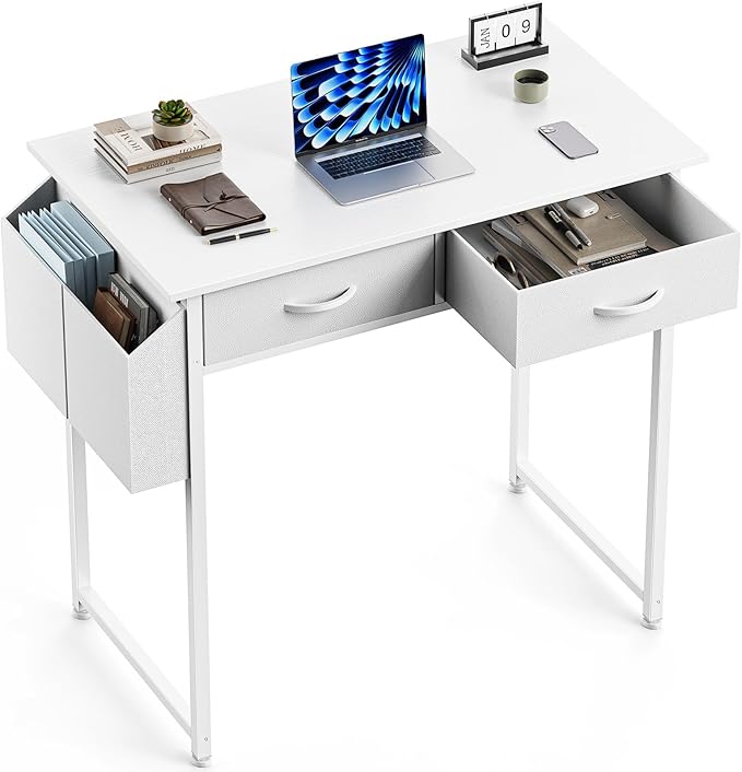 Sweetcrispy Computer Desk Small 32 Inch Home Office Bedroom Writing Study PC Table with Fabric Storage Drawers Space Side Bag Headphone Hook Metal Frame Adjustable Feet Modern Simple Style, White Wood