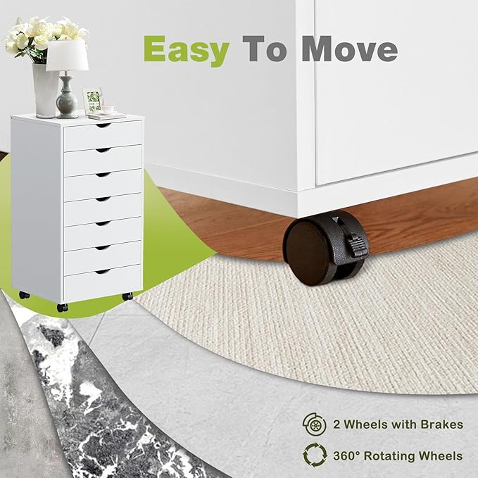 NEWBULIG 7 Drawers File Cabinet Under Desk Storage with Wheels Small Rolling Office Filing Cabinets Chest of Dawers for Home Office White