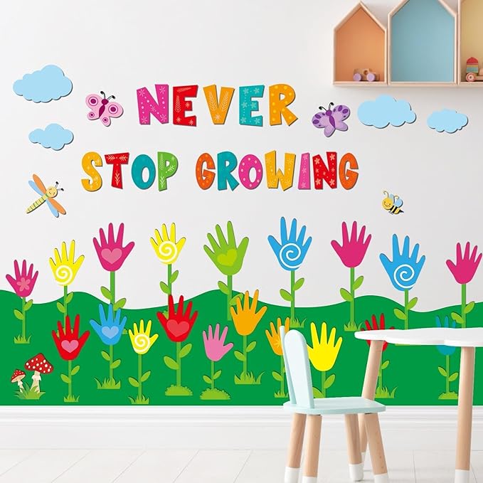 Spring Classroom Bulletin Board Decorations Never Stop Growing Bulletin Board Set Spring Theme Handprint Butterfly DIY Paper Cutouts for Teacher Classroom School Home Kindergarten Supplies
