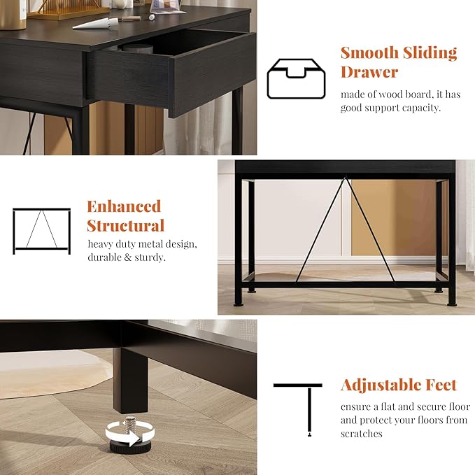 VERMESS Small Desk with Wood Drawers, 40 Inch Computer Desk for Bedroom, Vanity Makeup Desks, Kids Desks for Small Space with Storage for Home Office, Study Writing Simple Computer Table, Black
