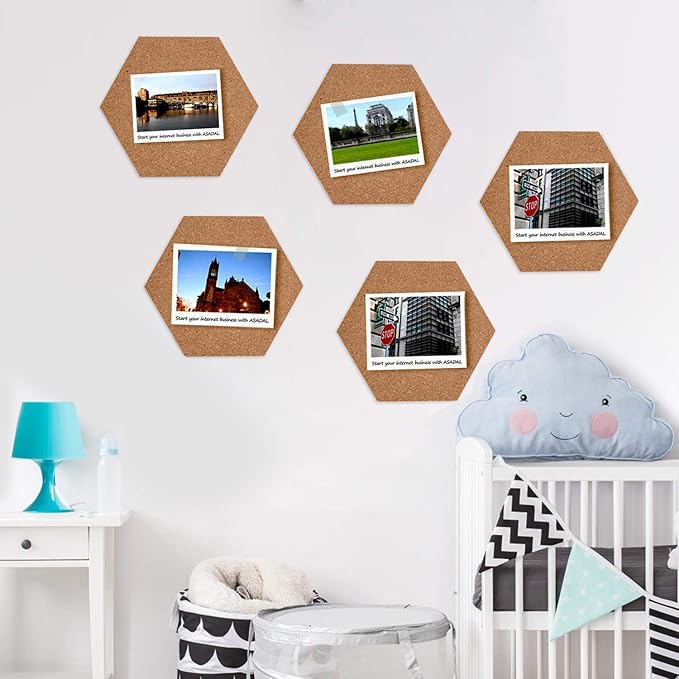 HBlife Hexagon Cork Board Tiles 10 Pack Self-Adhesive Corkboards for Wall Pin Board Decorative Bulletin Board for Office Home Kitchen with 50 Multi-Color Push Pins